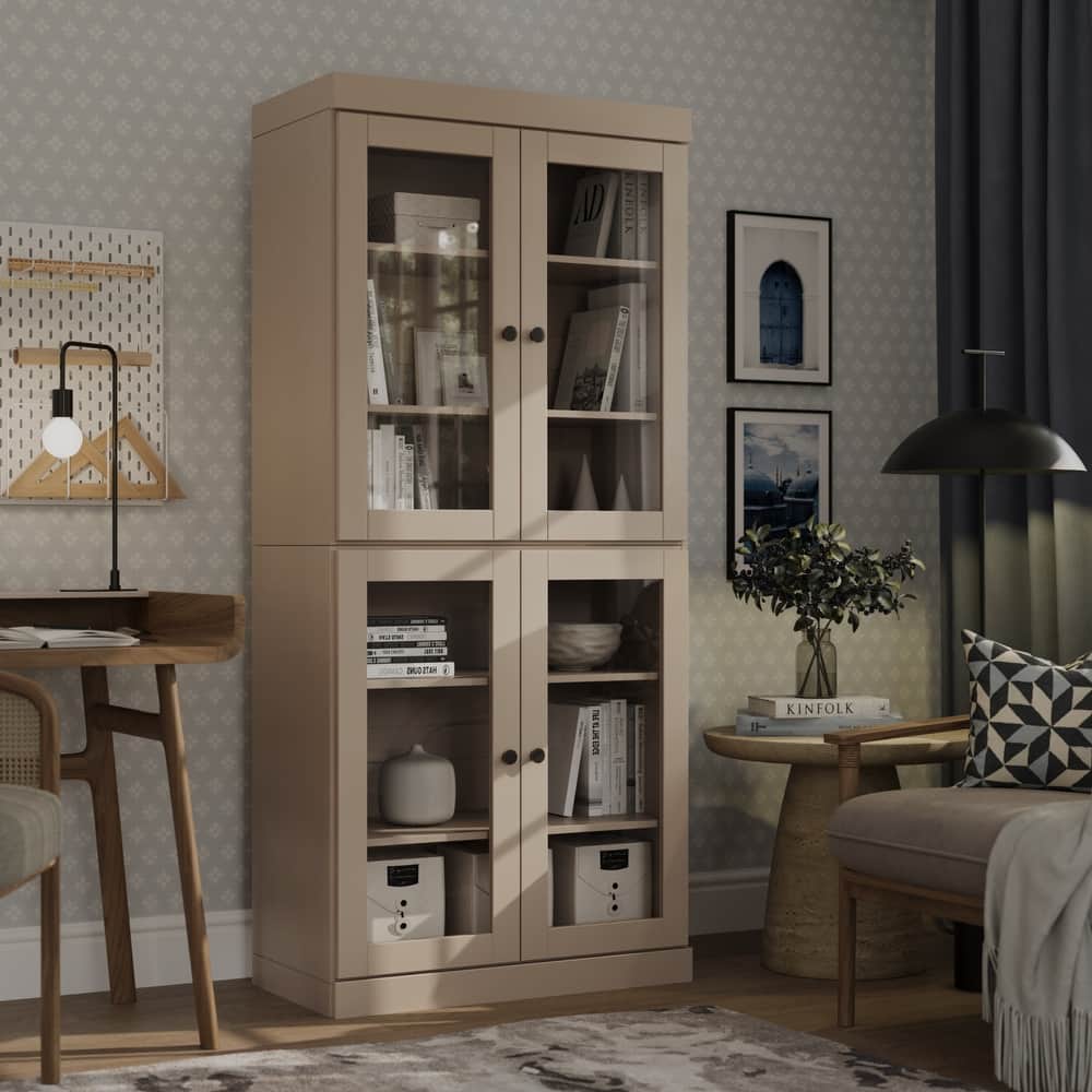 Palace Imports Solid Wood 6-Shelf Bookcase, Clear Glass Doors, Adjustable Shelves