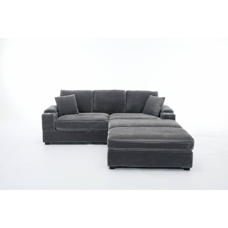 Modular Convertible Sectional Sofa with 2 Ottomans, 2 Seaters Corduroy Arms Couch, Loveseat Sofa with Cup Holders & USB Ports