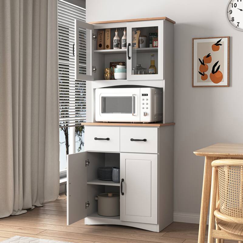 Anmytek White Wooden Kitchen Pantry Cabinet with Microwave Stand, Framed Glass Doors, Drawers & Storage Shelves