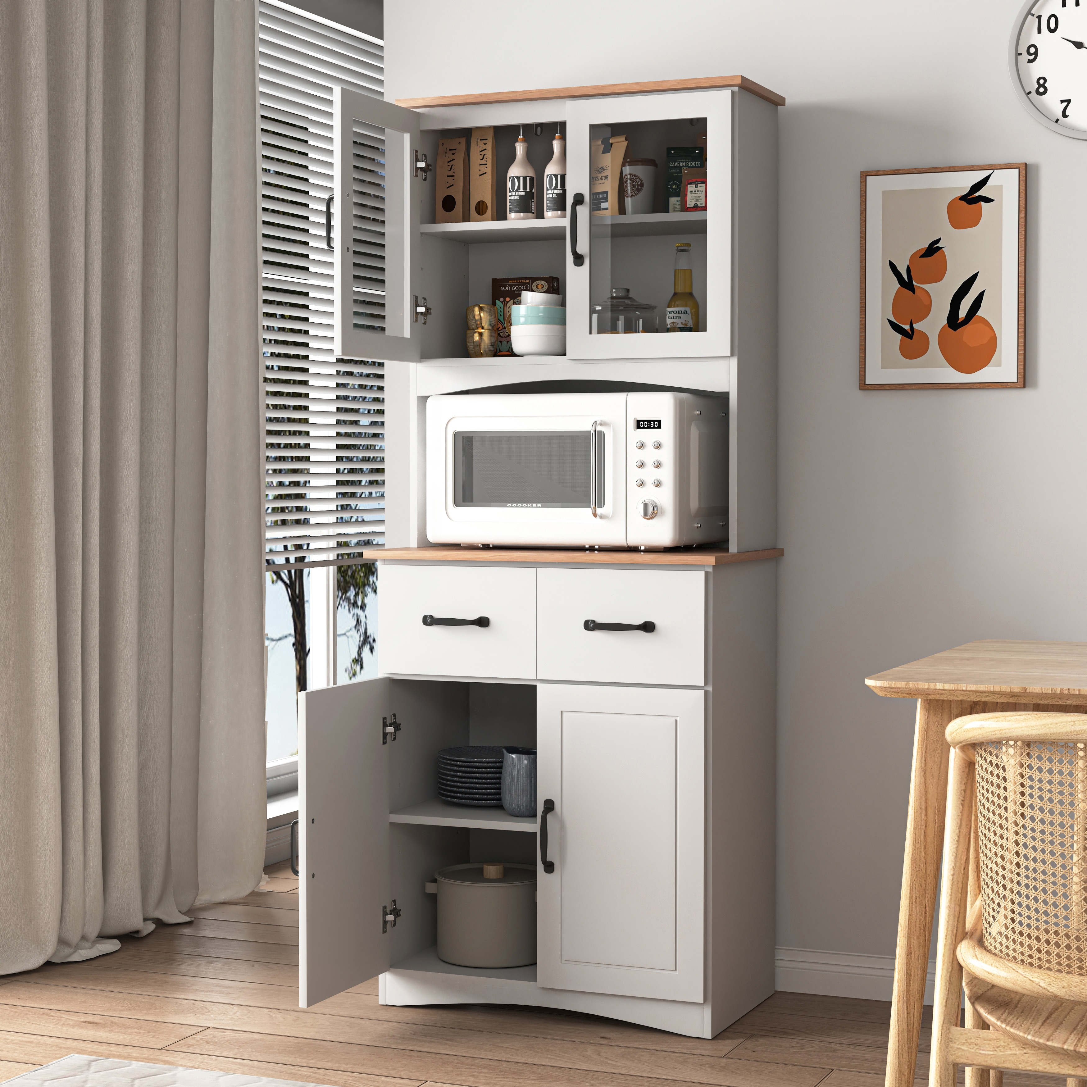Wooden Kitchen Cabinet with Microwave Countertop, Framed Glass