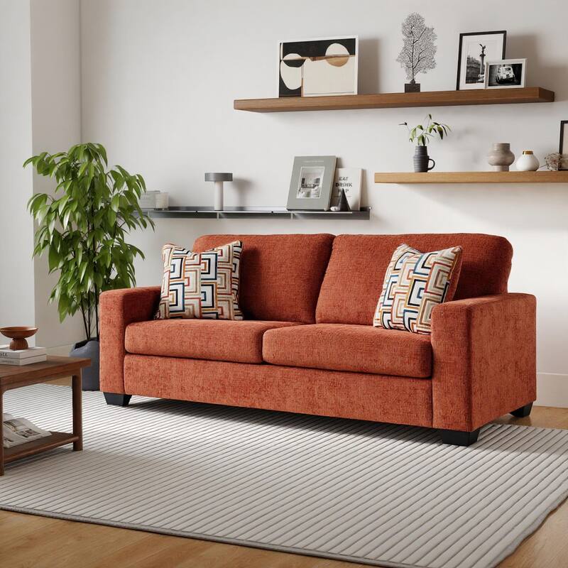 Roundhill Furniture Amoria Contemporary Plush Sofa with Accent Pillows, Rust Terra Chenille Upholstery - 7'6" x 9'6"