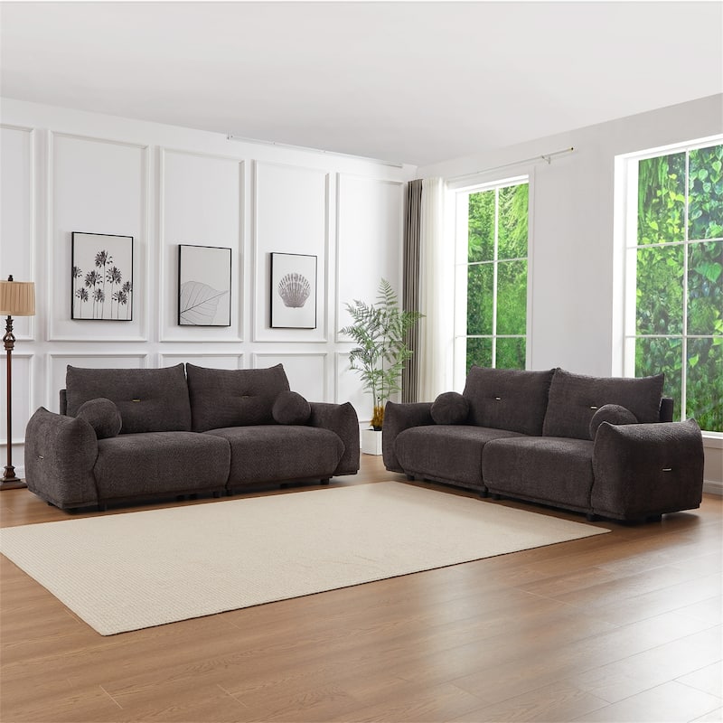 2 Piece Lamb's wool Loveseat Set with 2 Cushions and 2 Ball Pillows