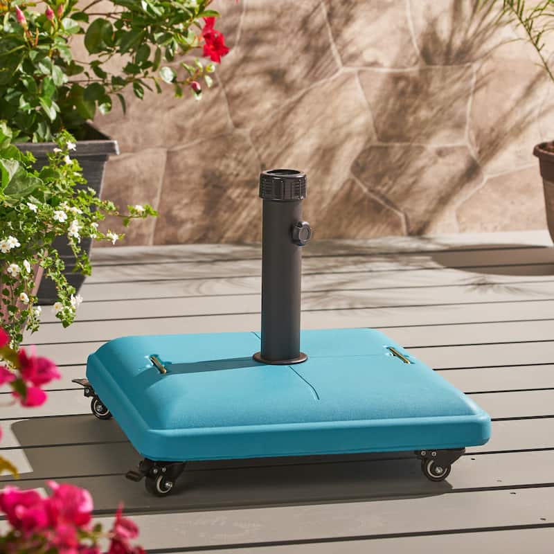Roomfitters Square Rolling Umbrella Base, Heavy-Duty Wheeled Patio Stand, Teal