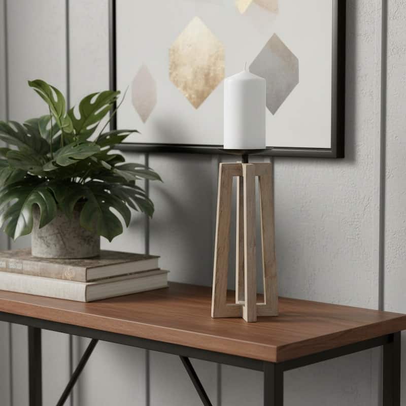 12" Light Brown Distressed Geometric Solid Wood And Metal Tabletop Pillar Candle Holder - Light Brown