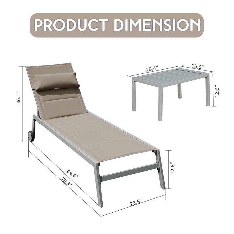 3 Piece Adjustable Patio Lounge Set,Textilene Chaise Chairs with Wheels and Table