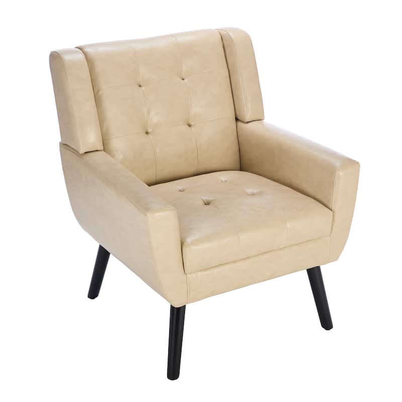 PU Leather Upholstered Accent Chair, Ergonomic Reading Side Chair, Single Sofa Chair with Curved Back & Wood Legs
