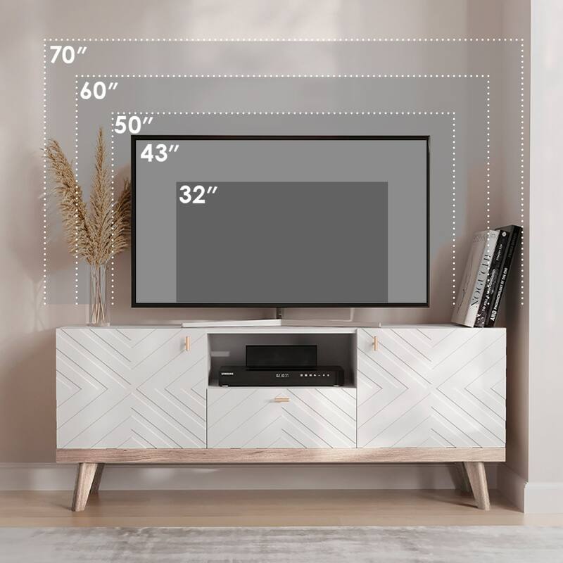 Living Skog Alba Beige TV Stand Console with Drawer Fits TV's up to 65 in. with Wood Legs Mid Century Modern Design