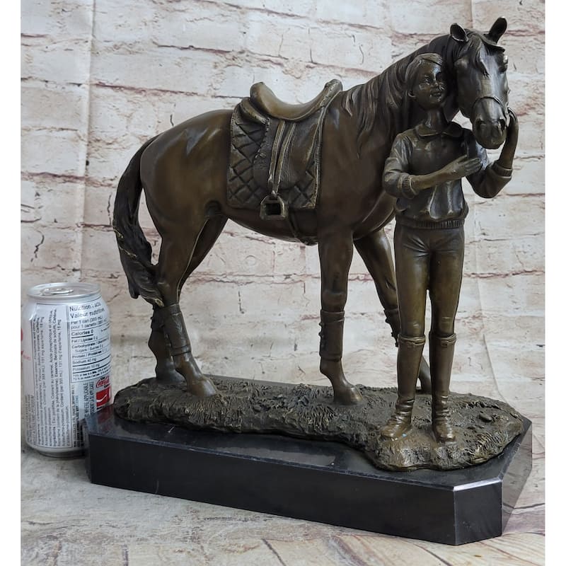 Equestrian Little Girl Child W/ Horse Bronze Statue Sculpture Figurine 11 Inches X 12 Inches