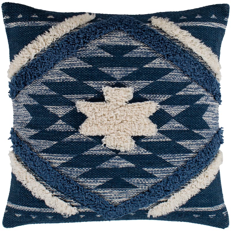 Katherine Denim & Cream Boho Shag Feather Down Throw Pillow (18" x 18")