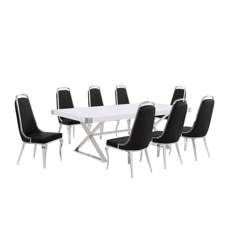 Best Quality Furniture D442/3-SC310-7 Dining Set with 94" White Lacquer Wood Top