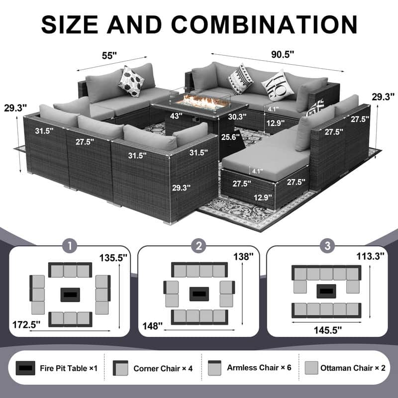 FINCATI Outdoor Grey Wicker Sectional Furniture Patio Sofa Set with Firepit Table