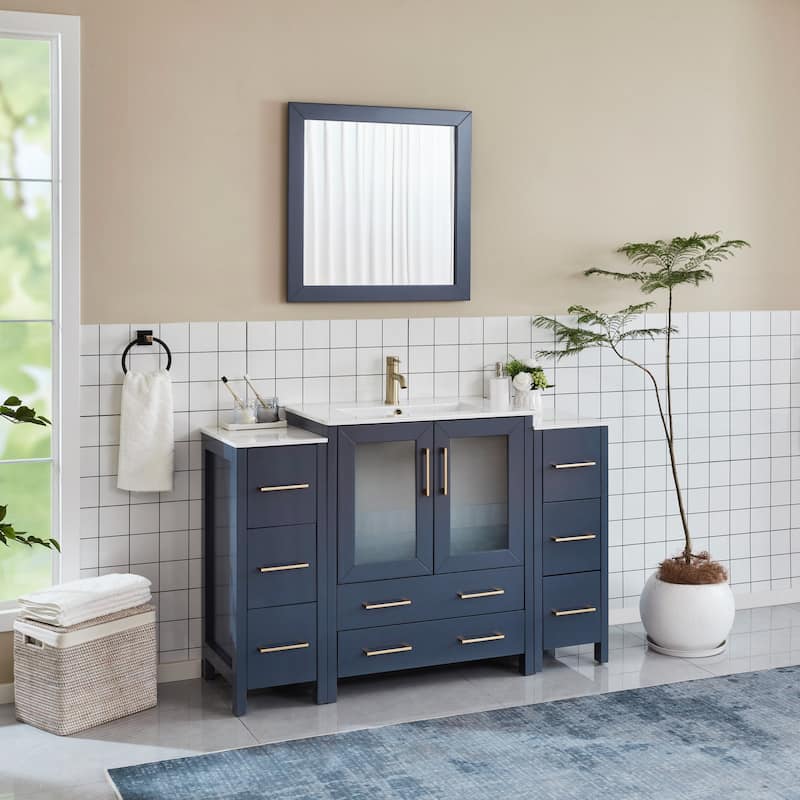 Vanity Art 54 Inch Single Sink Bathroom Vanity Set 8 Dove-Tailed Drawers 3 Cabinets 1 Shelf, Soft-Closing Doors with Free Mirror