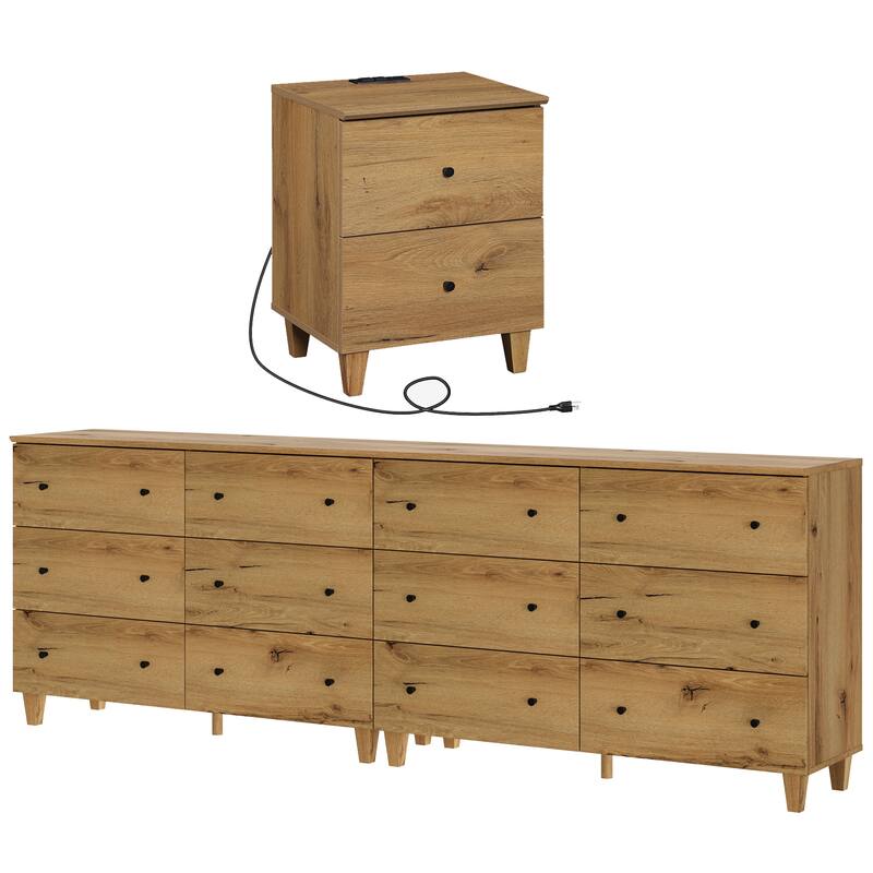 Bedroom 12-Drawer Dresser and Charging Nightstand Set, 94.4" Wide - Oak Brown - 2 Piece
