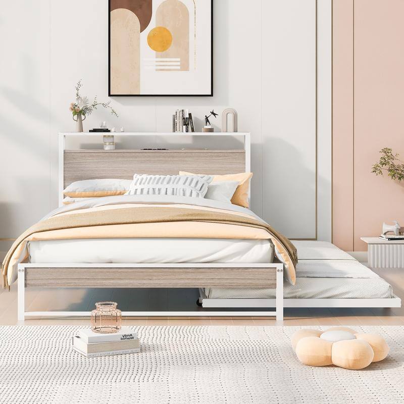 Metal Full Size Platform Bed Frame with Trundle, USB Ports