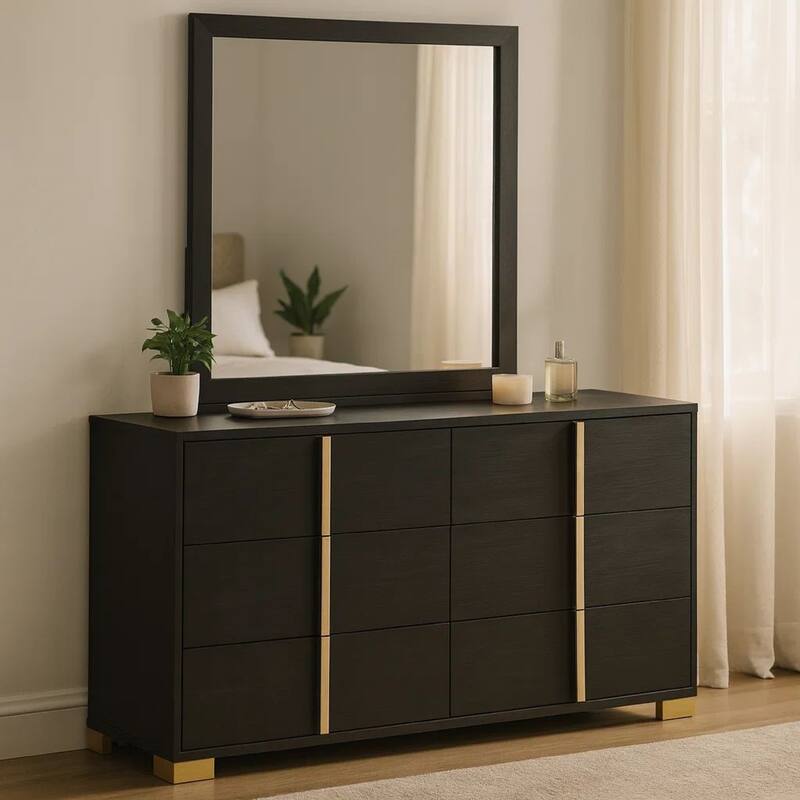 Dex Wide 6 Drawer Dresser with Mirror, Contemporary Gold Metal, Black