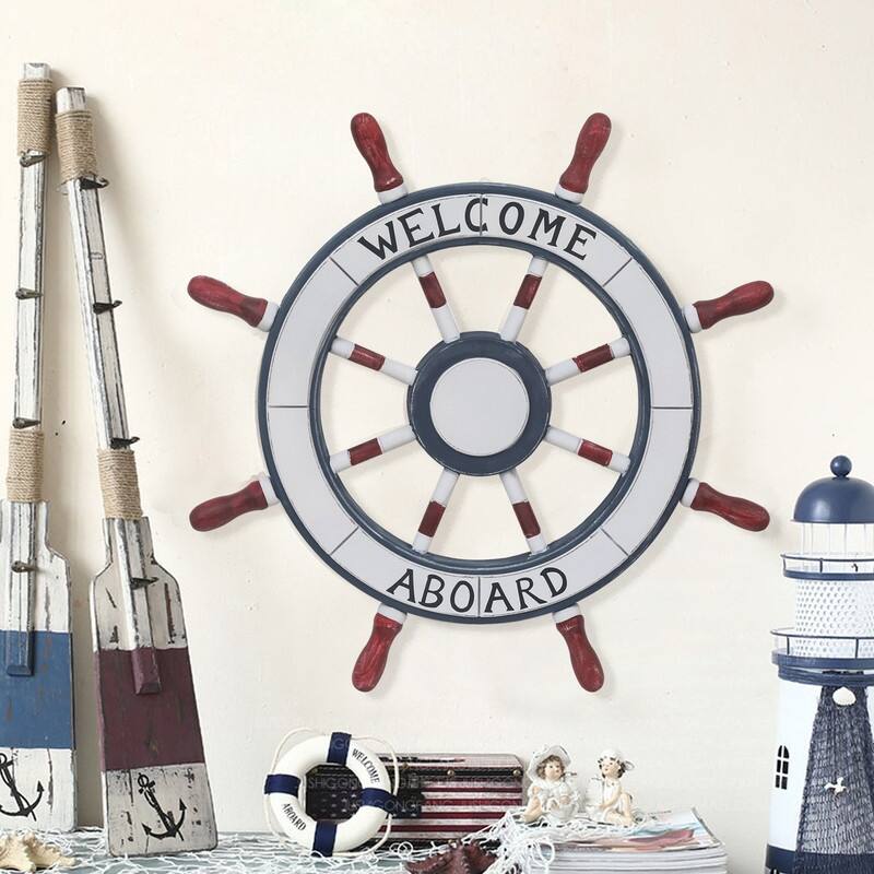 ADECO Wooden Boat Anchor Crossbar Ship Steering Wheel Wall Decor Beach