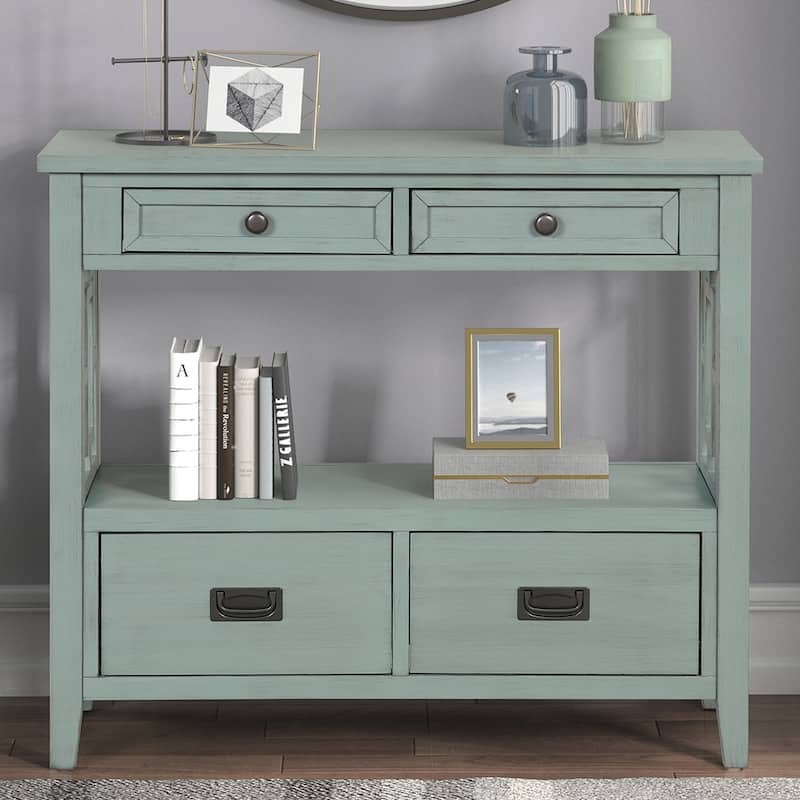 36'' Farmhouse Pine Wood Console Table Entry Sofa Table with 4 Drawers & 1 Storage Shelf for Entryway Living Room Bedroom