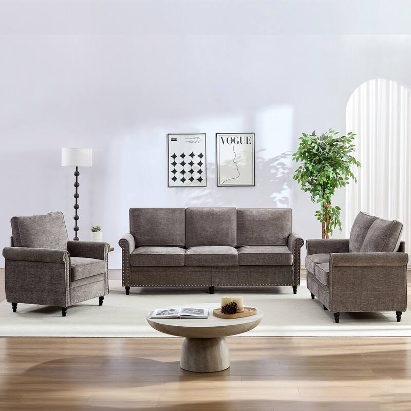 Mixoy 3Piece Chenille Living Room Sofa Set,Modern 3-Seater Sofa Couch&Loveseat Sofa&Single Sofa Armchair Set,Unique Riveted Look