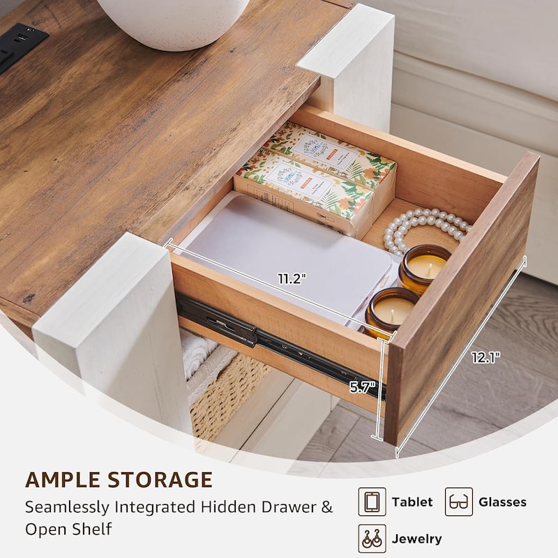 Modern Nightstand with Charging Station, End Table w/Hidden Drawers