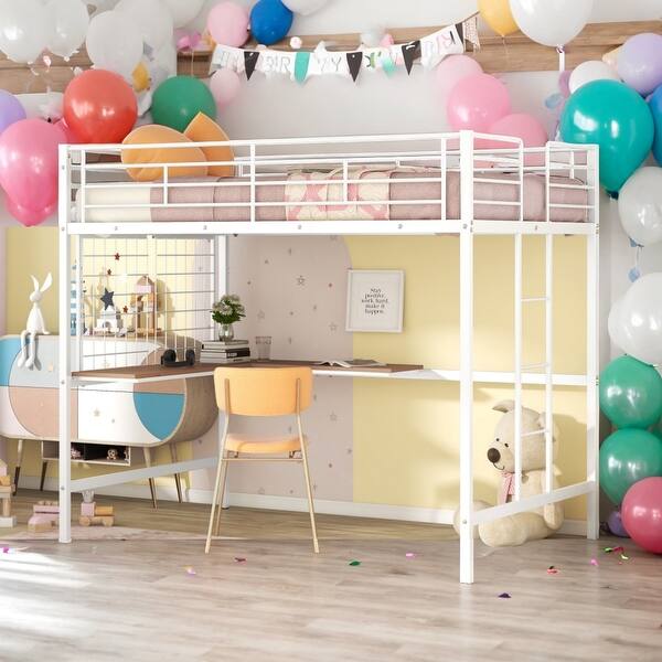 slide 2 of 9, Full Metal Loft Bed With Desk and Metal Grid,Sturdy Construction White