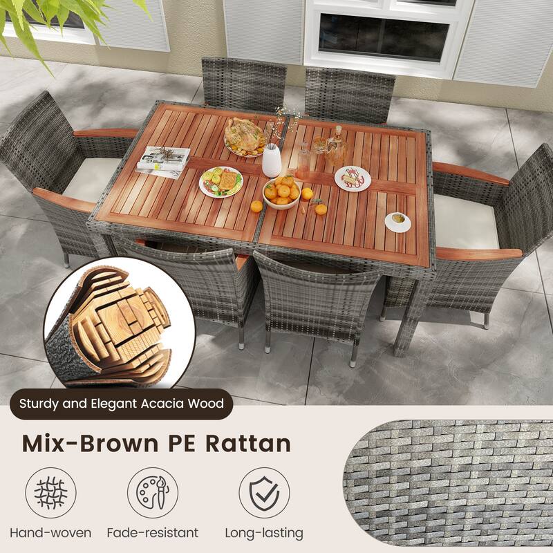 Cushioned 7-Piece Patio Dining Set in Acacia Wood and PE Rattan Wicker - 59" L x 35.5" W x 29" H