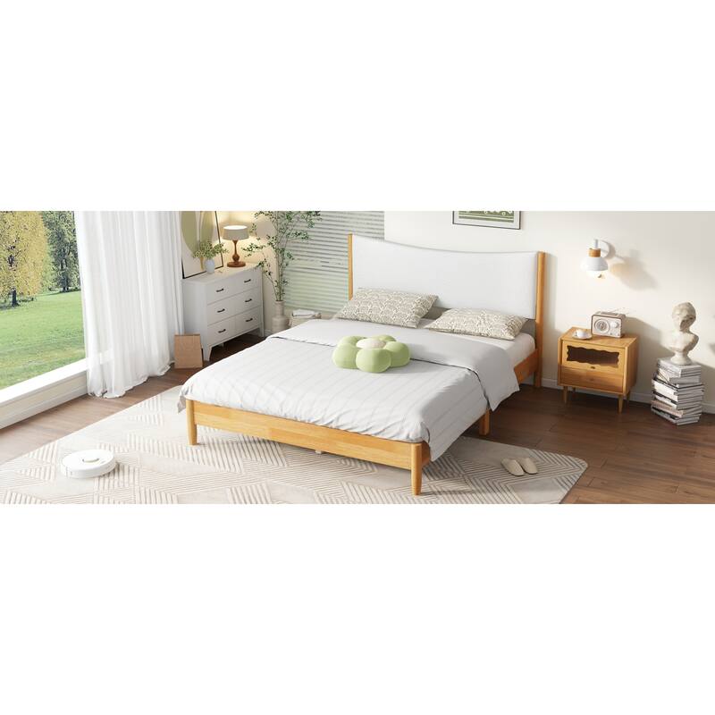 Roomfitters Queen Rubber Wood Bed with Boucle Upholstered Headboard, Reinforced Slat Platform with Support Feet, Natural