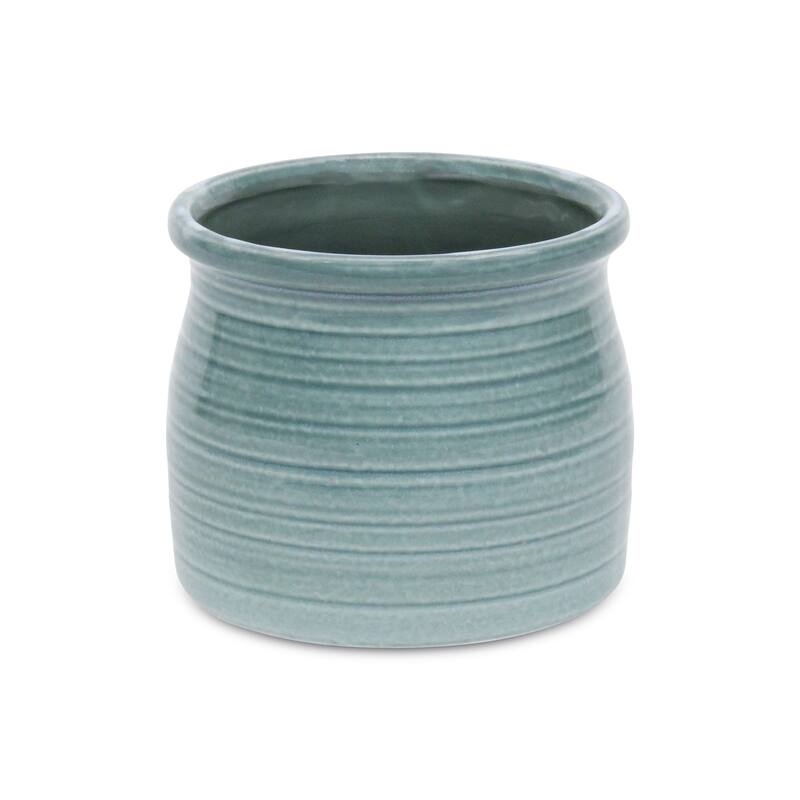 HomeRoots Celadon Ceramic 51 Ounce Striped Round Distressed Pot Planter - 6.25 in. x 5.50 in. x 6.25 in.