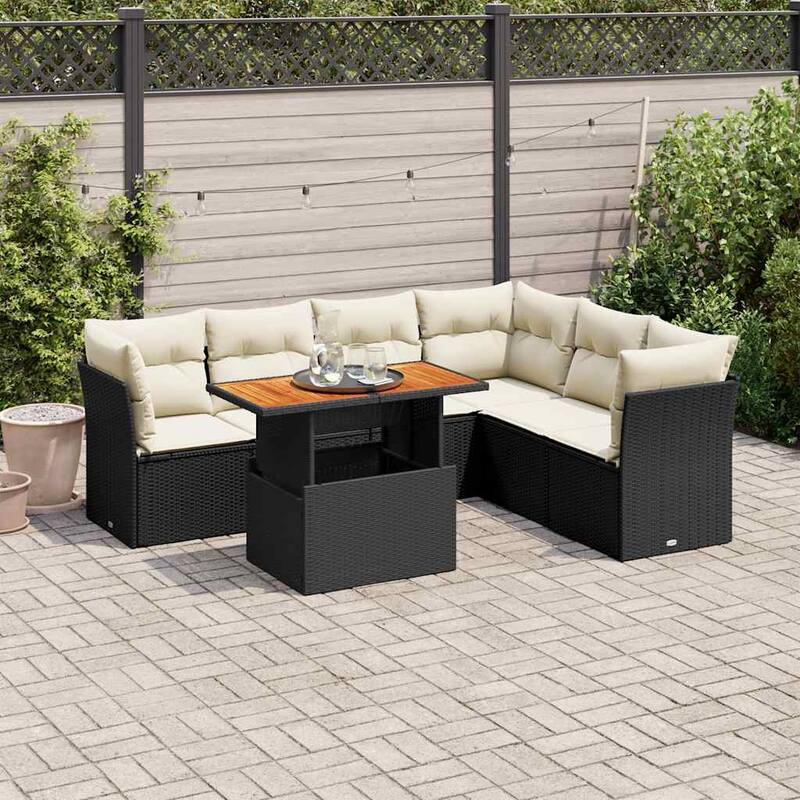 vidaXL Patio Sofa Set with Cushions Outdoor Table and Sofas 7 Piece Poly Rattan - 21.7 x 39.4 x 28.7 - Black and cream