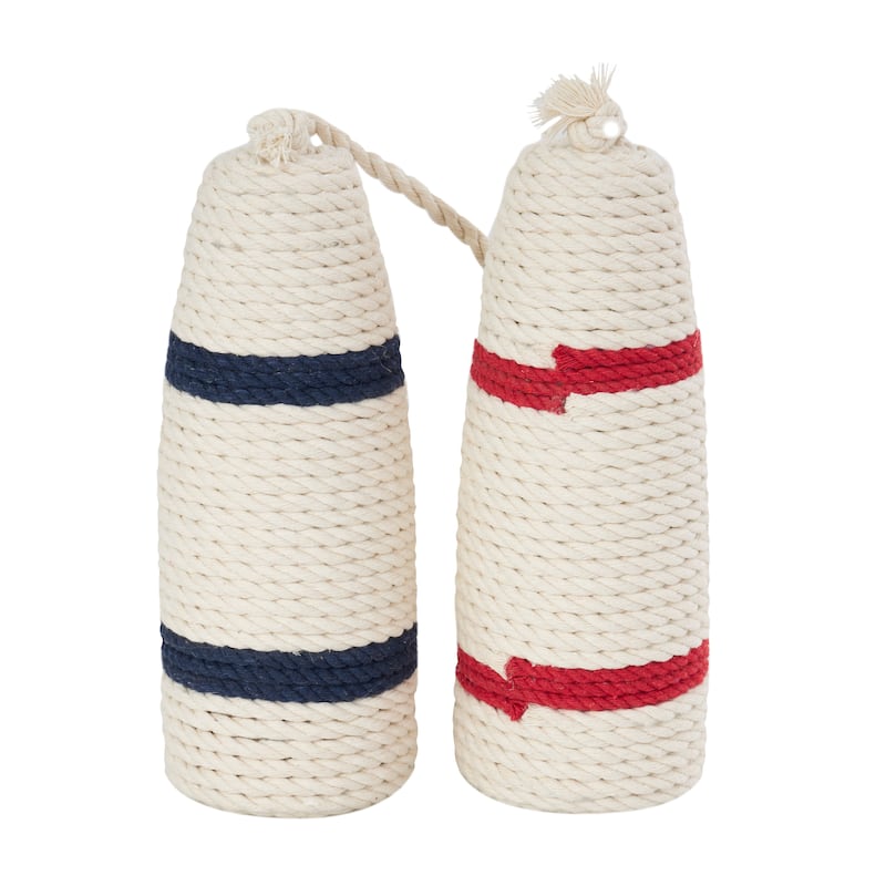 White or Brown Wood Handmade Coiled Striped Rope Buoy Sculpture with Joined Hanging Handle (Set of 2)