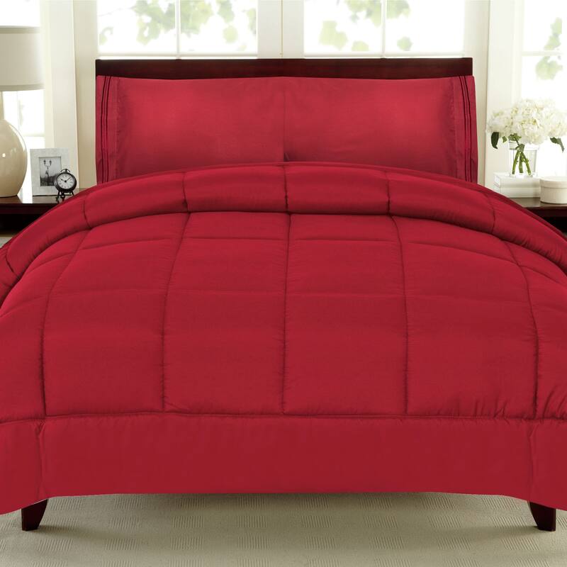 Plush Solid Color Box Stitch Down Alternative Comforter - Twin - Burgundy