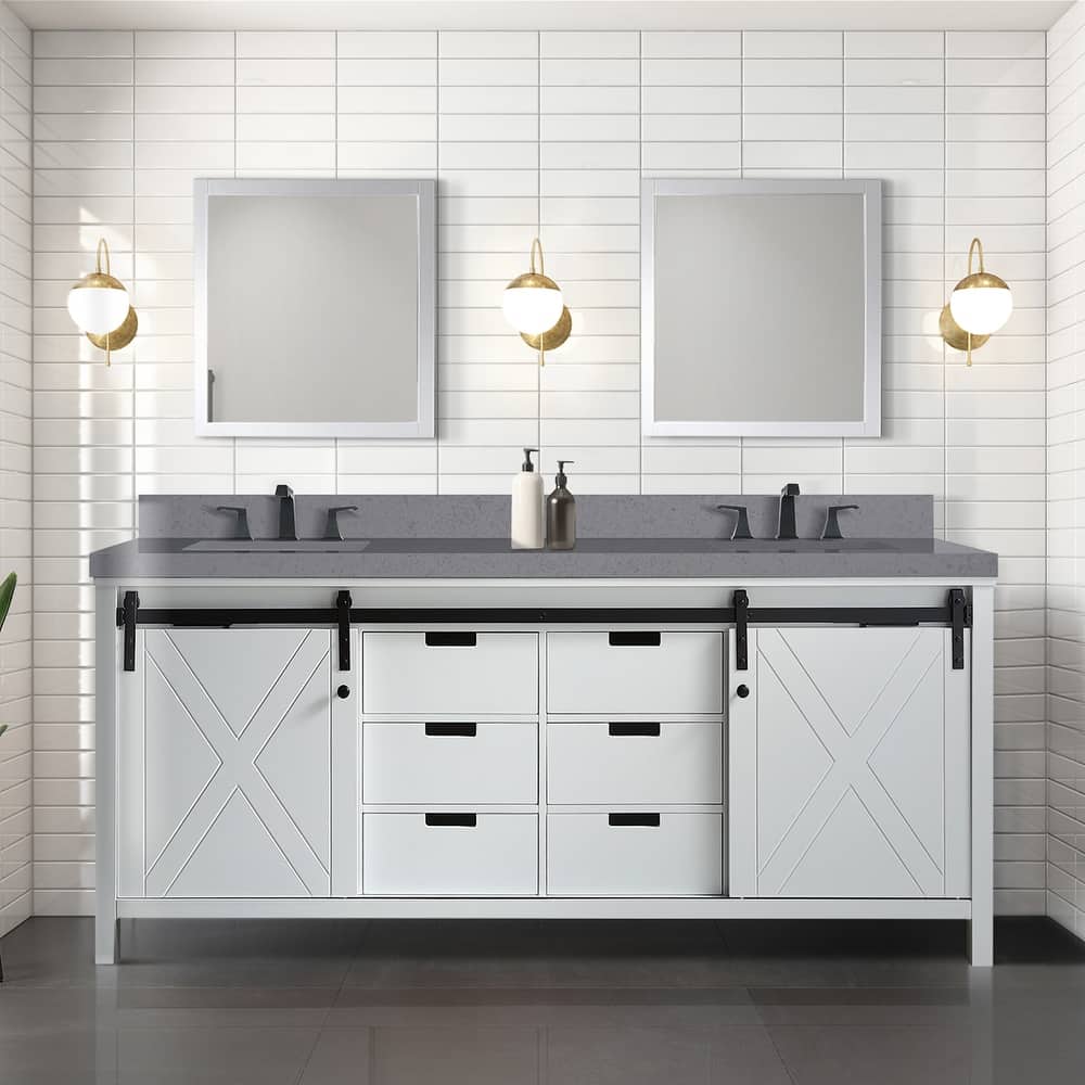 Marsyas 80 in W x 22 in D White Double Bath Vanity, Grey Quartz Countertop, Faucet Set and 30 in Mirrors