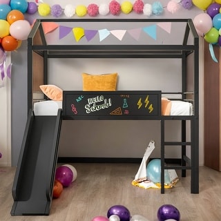 Elegant Twin Size Metal Loft House Bed With Slide & Two-sided writable Wooden Board, Solid & Sturdy, Open Design Concept, Black
