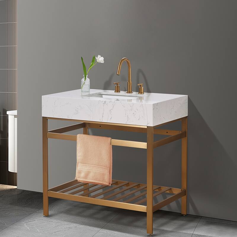 Altair Merano Stainless Steel Vanity Console with Stone Countertop, no Mirror