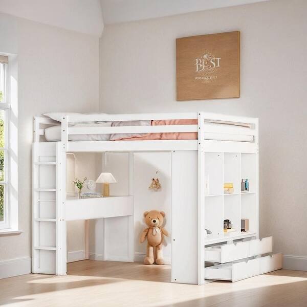 slide 2 of 18, Storage Loft Bed with Shelves, Drawers, Writing Desk and Led Light, Full Size White