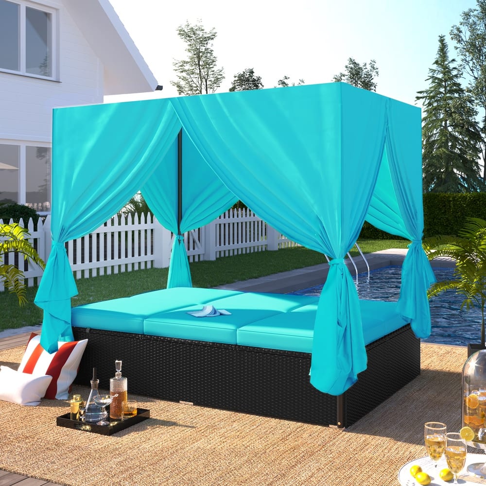 Outdoor PE Rattan Sunbed Daybed with Canopy & Cushions, Patio Wicker Sofa Bed Adjustable Reclining Sun Lounger
