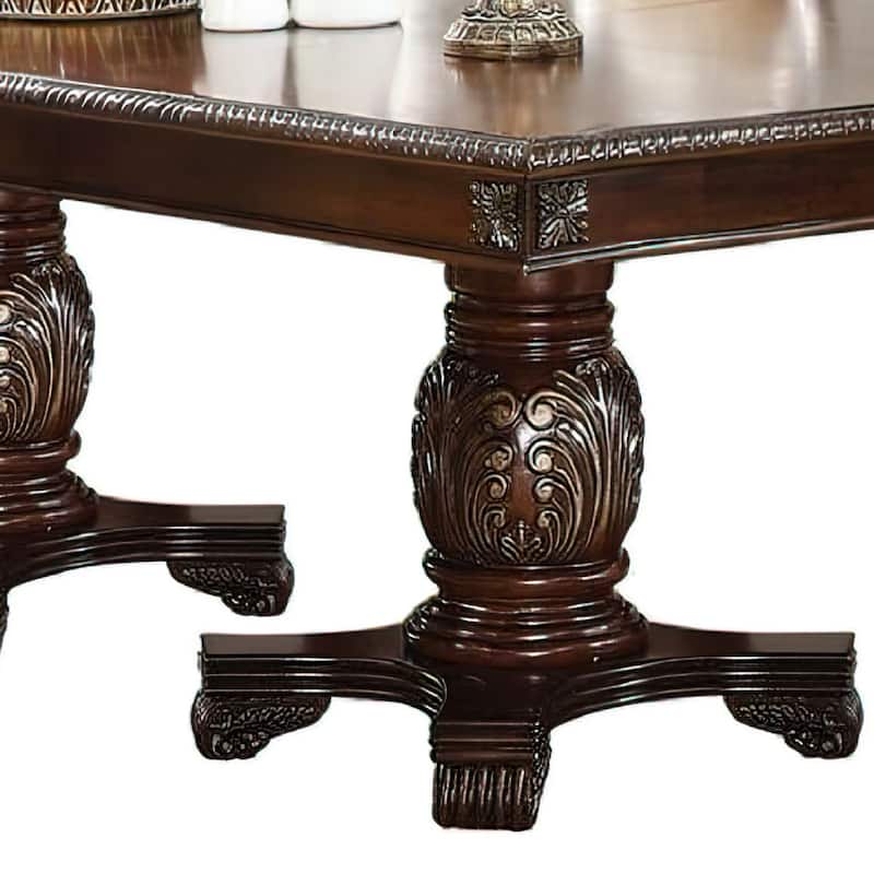 Loki 66-96 Inch Carved Dining Table, Espresso Brown Wood, Extension Leaves