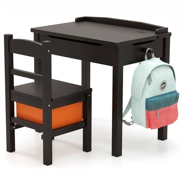 slide 2 of 10, Gymax Kids Table and Chair Set Wood Activity Study Desk w/ Storage Brown