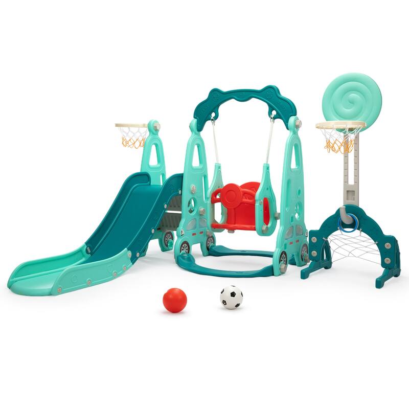5-in-1 Kids Slide with Swing, Basketball Hoop and Toss Ring