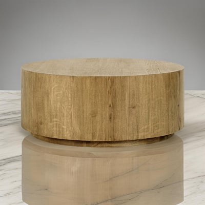 Cecil 42 Inch Coffee Table, Round Oak Veneer Frame, Plinth Base, Warm Brown