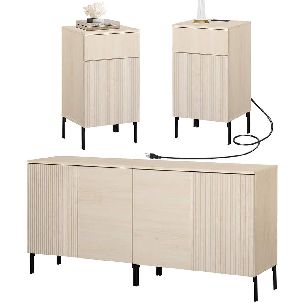 4 Pcs Bedroom Set，Reeded Dresser and Nightstand Sets for Bedroom,Wooden Night Stand of 2 with Charging Station