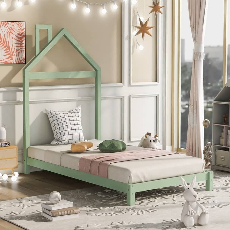 Twin Size Wood Platform Bed with House-shaped Headboard for Kids - Green