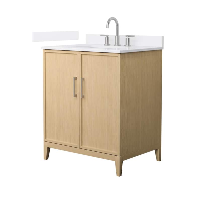Elan 30-inch Single Vanity, 3 Hole Quartz Top - White Oak, Nickel Trim, White Quartz Top