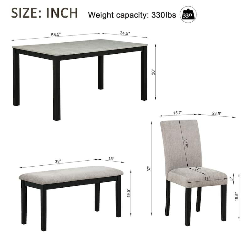 GDFStudio - Aurelia Luxury Concrete-Effect Tabletop Rectangular Dining Table Set with 4 Upholstered Chairs (with/without Bench)