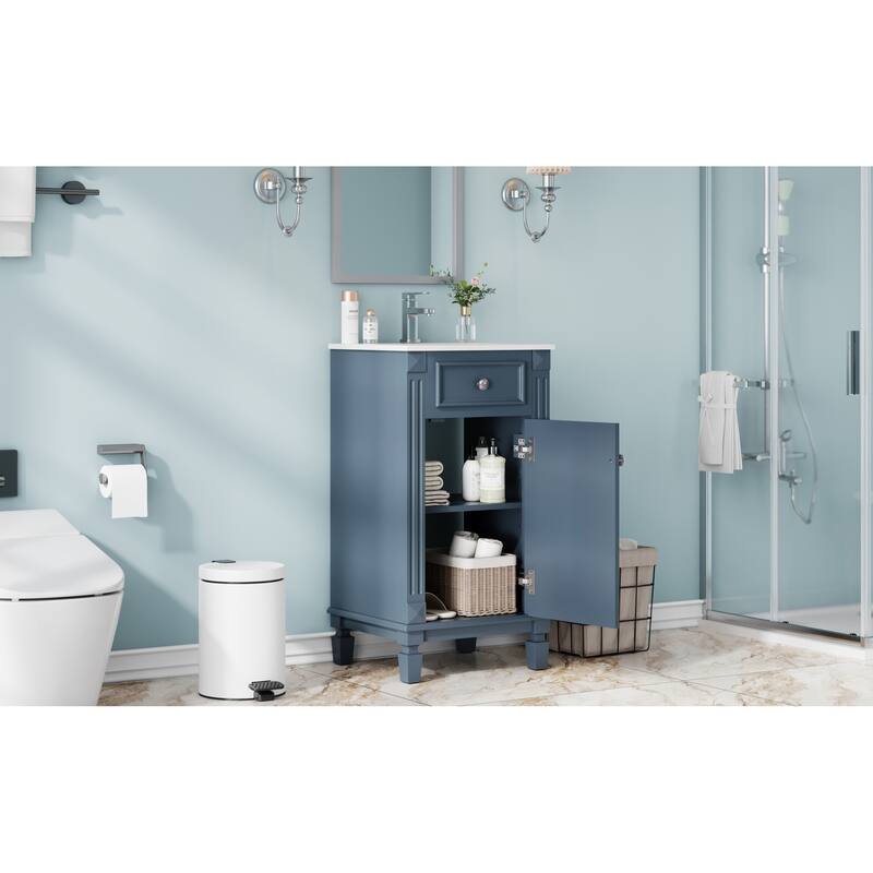 Roomfitters 18 Inch Bathroom Vanity with Ceramic Sink, Freestanding French Style Storage Cabinet & Adjustable Shelf