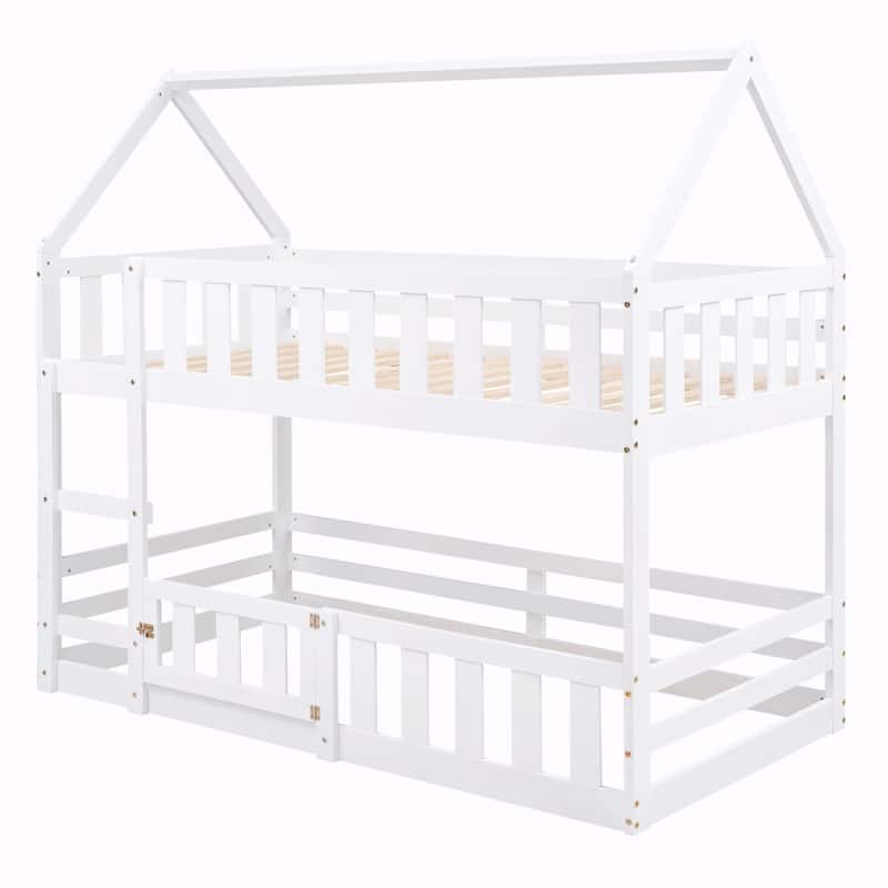 Twin over Twin House Bunk Bed with Fence and Door