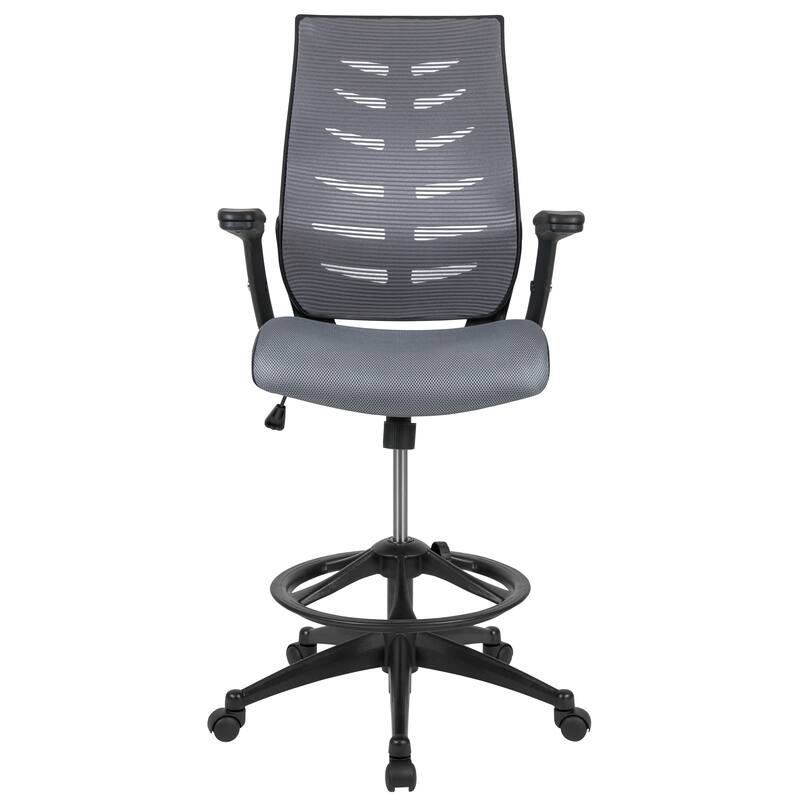 High Back Mesh Spine-Back Ergonomic Drafting Chair with Adjustable Foot Ring and Adjustable Flip-Up Arms
