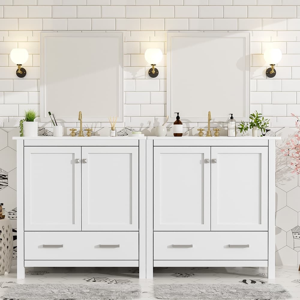 Roomfitters Modern 60" Double Bathroom Vanity Set with Ceramic Sinks, Storage Shelves and Divided Drawers