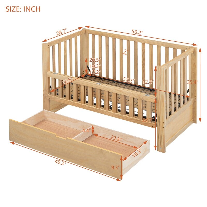 Wood Convertible Crib Platform Bed with Drawers and 3 Height