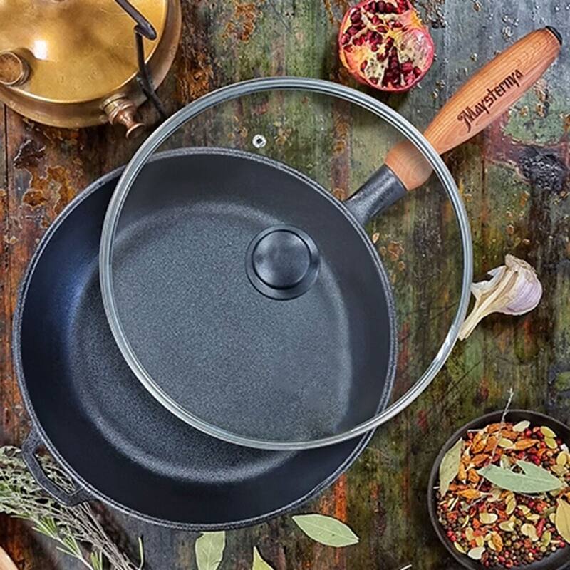 Cast Iron Frying Pan Brazier w/ Wooden Handle with Glass Lid