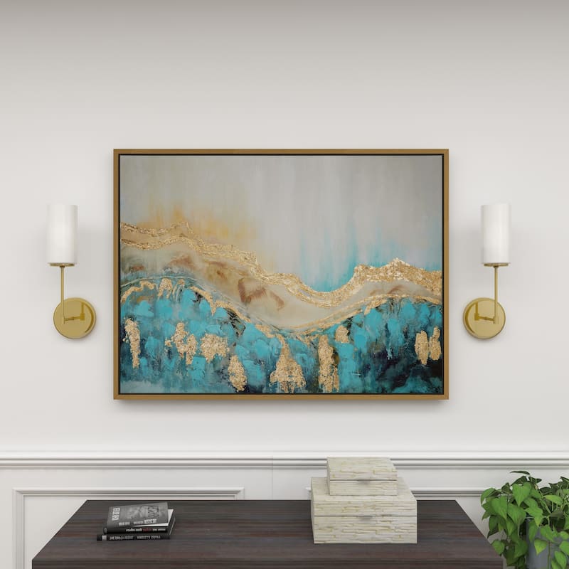Canvas Abstract Wave Framed Wall Art with Gold Foil Accents - Blue - Roche River Decor